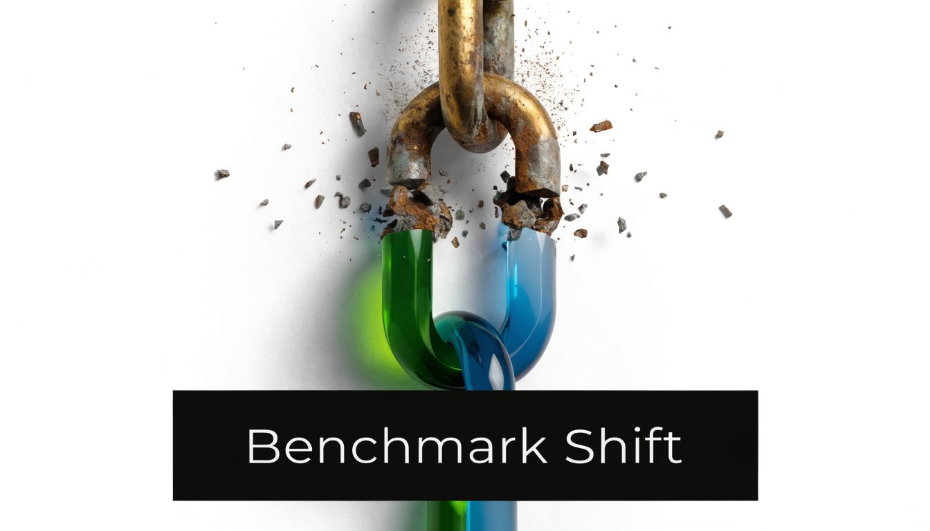 A conceptual image of a rusty metal chain breaking, transitioning into smooth, modern green and blue glass links.