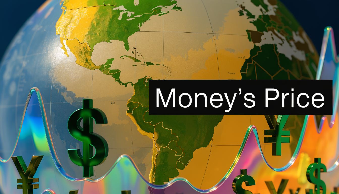 A global globe background with floating currency symbols and a bold text overlay reading Money's Price.