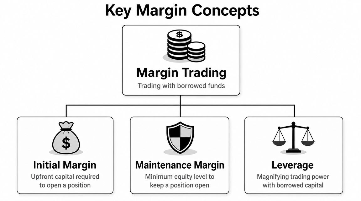 A diagram illustrating key margin trading concepts including initial margin, maintenance margin, and leverage with explanatory icons.