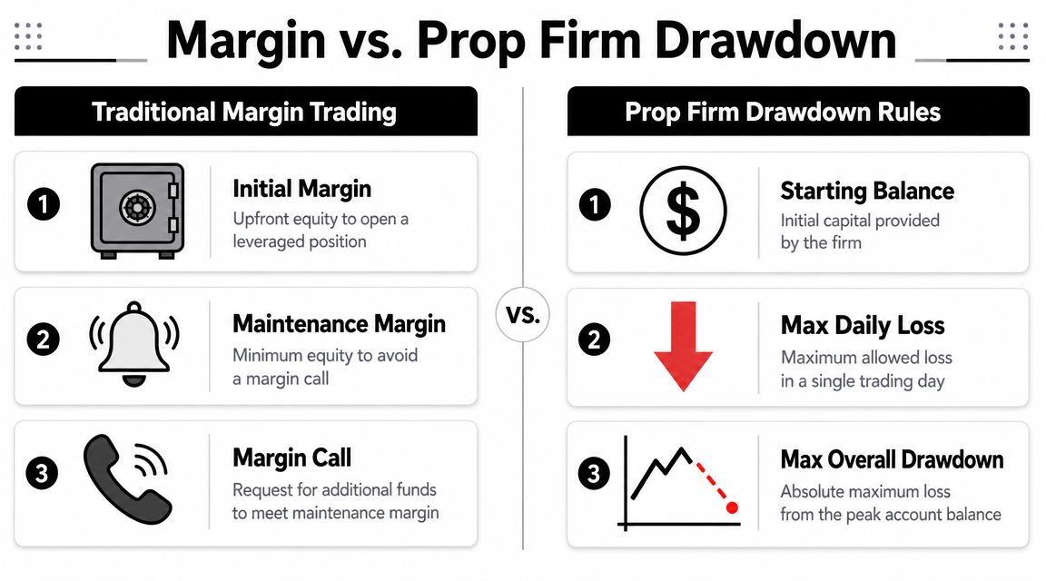 A comparison chart outlining the differences between traditional margin trading concepts and prop firm drawdown rules.