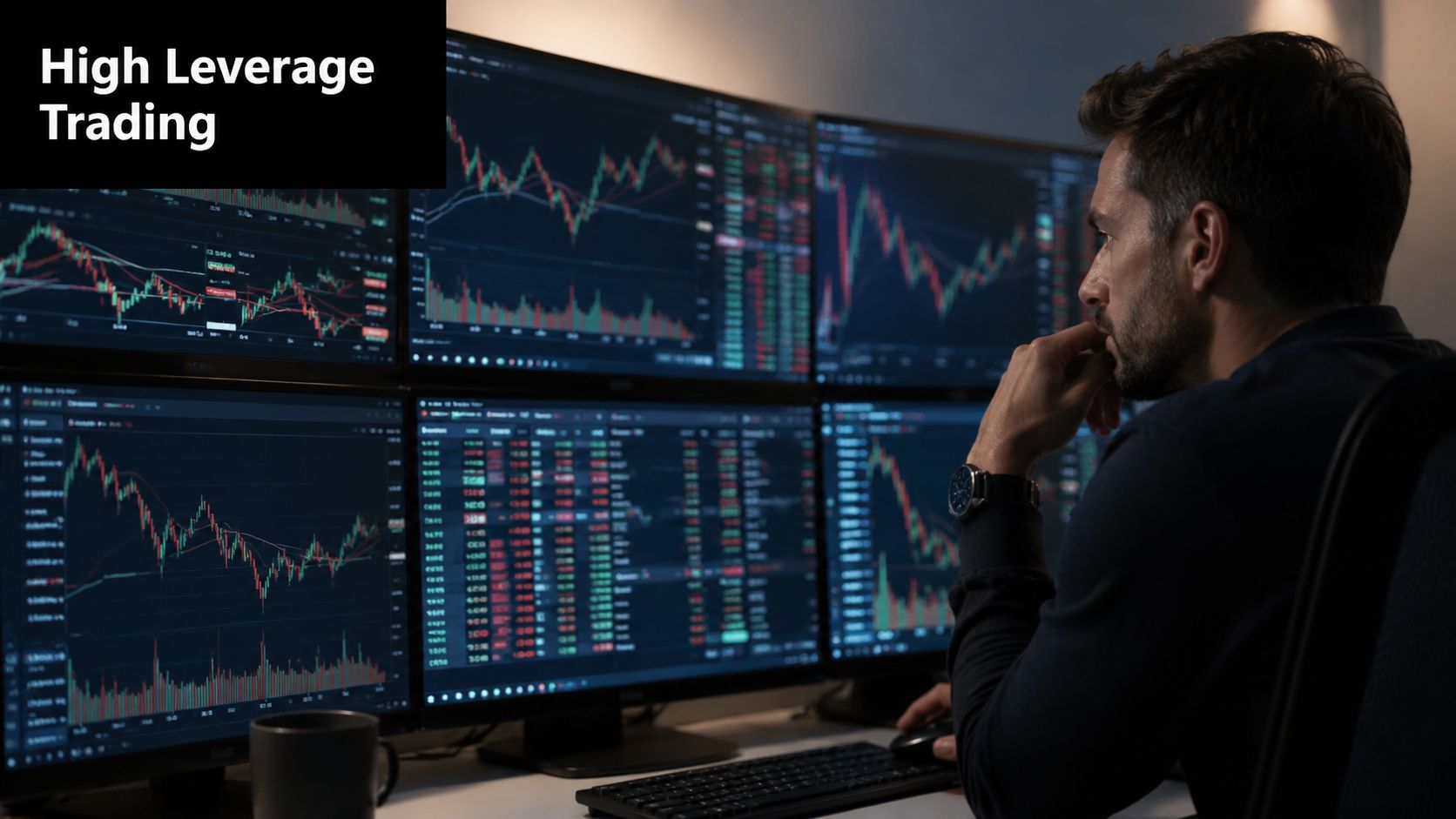 A focused male trader analyzes multiple stock market charts on several computer monitors in a dark room.