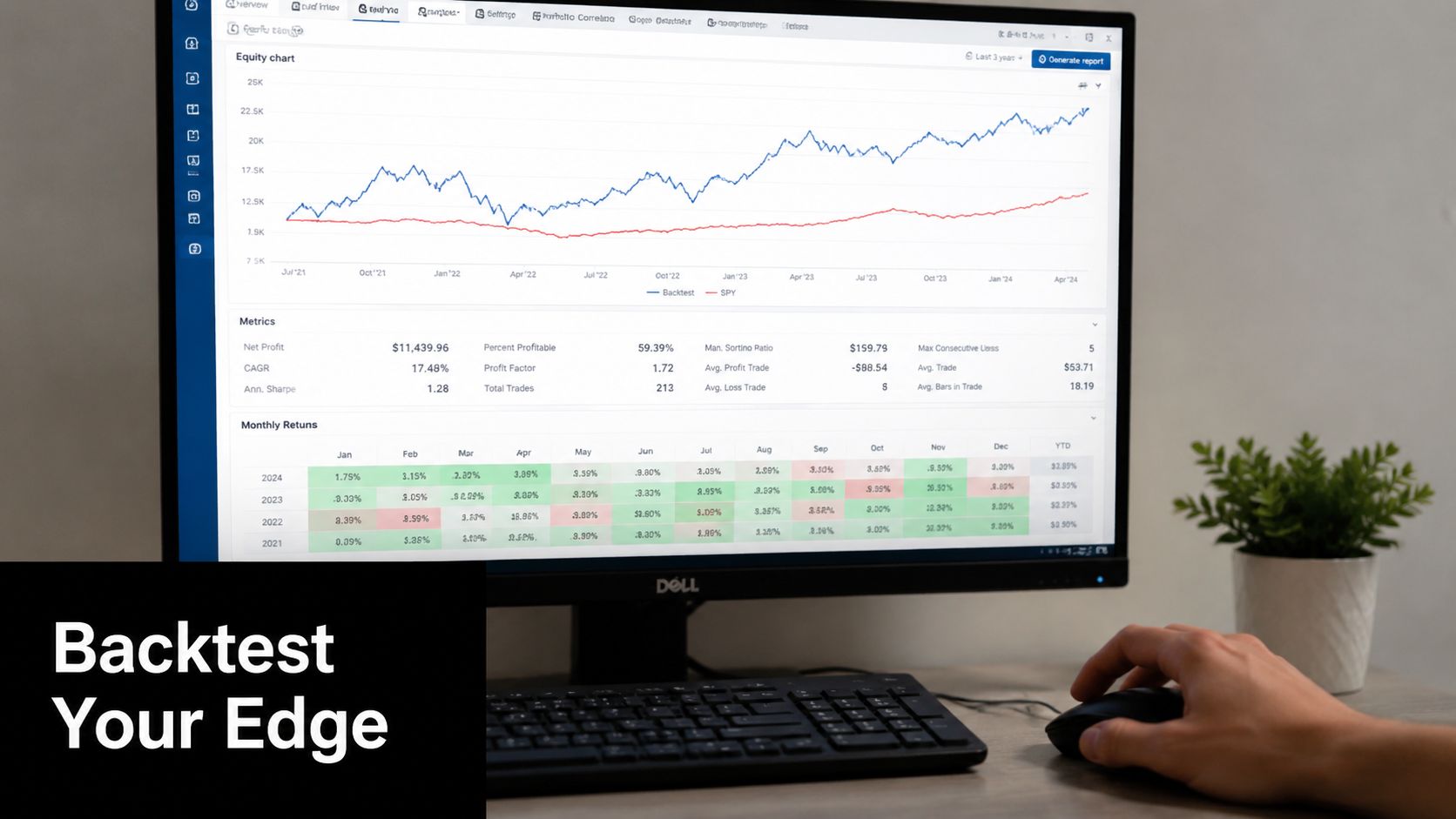 A computer monitor displaying stock market trading software with backtesting analytics and a person using a mouse.