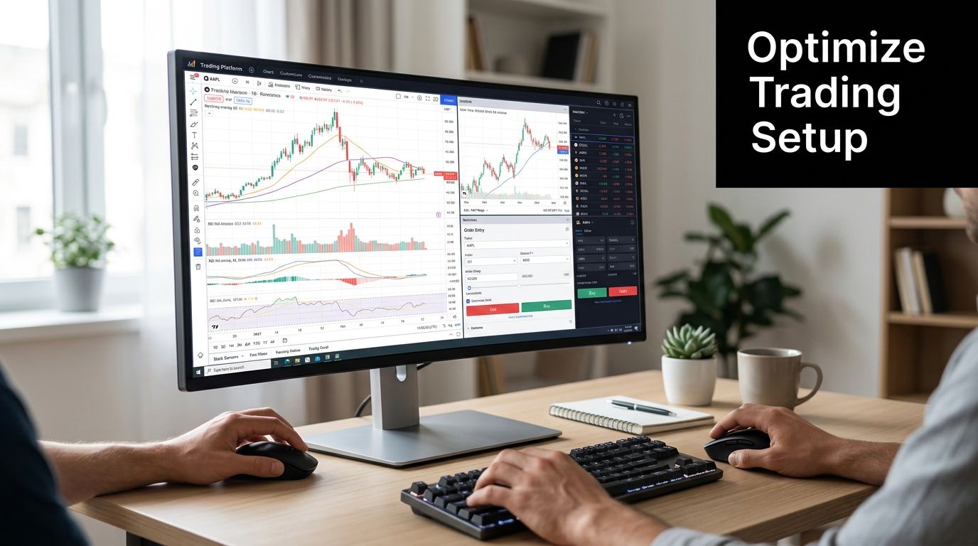A trader working on a computer display featuring stock market analysis software and technical trading charts.
