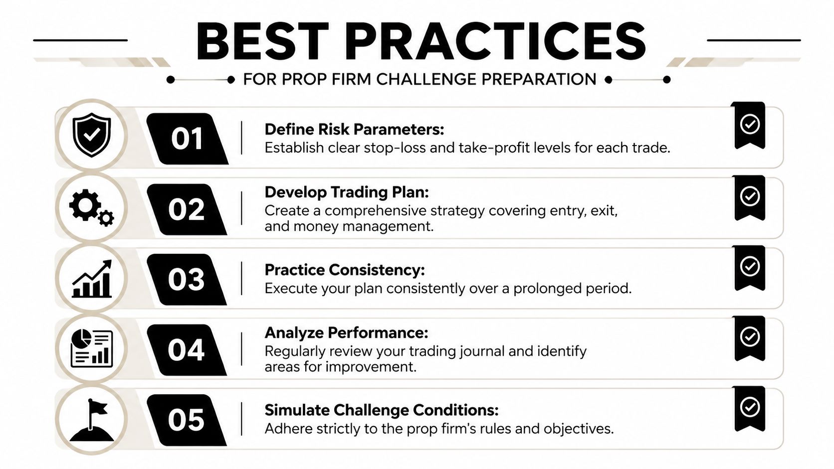 An infographic titled Best Practices for Prop Firm Challenge Preparation listing five essential steps for traders.
