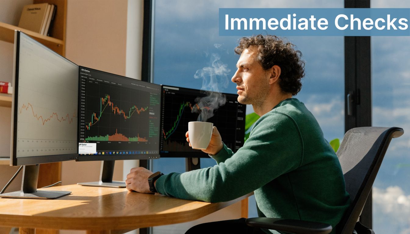 A trader sitting at a desk with multiple monitors displaying stock market graphs while holding coffee.