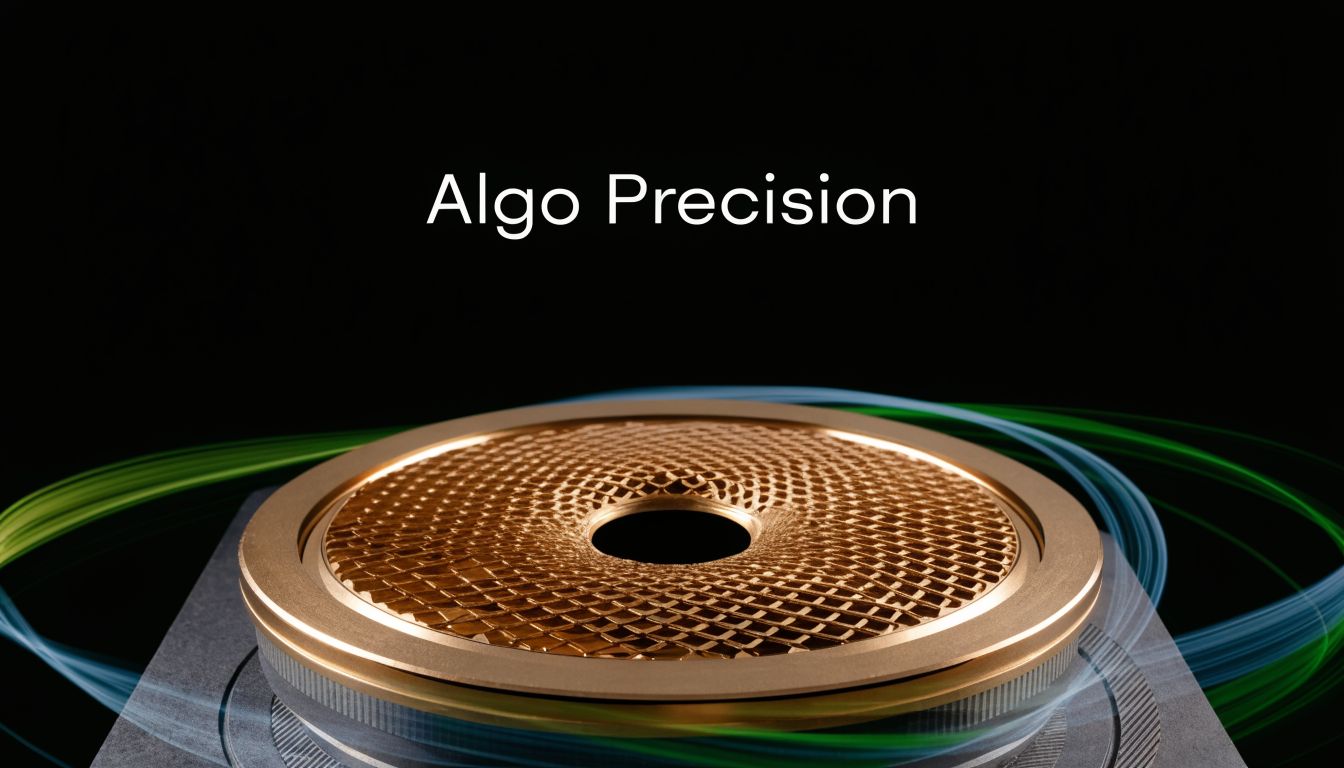 A metallic, gold-colored circular precision component with an intricate lattice texture, set against a dark background with light trails.