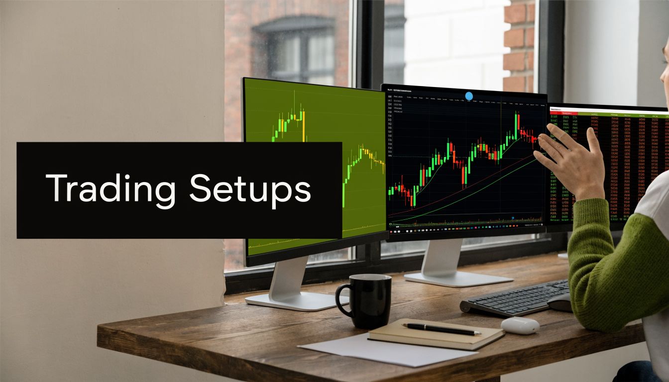 A professional trader sitting at a desk with multiple monitors displaying stock market candlestick charts.