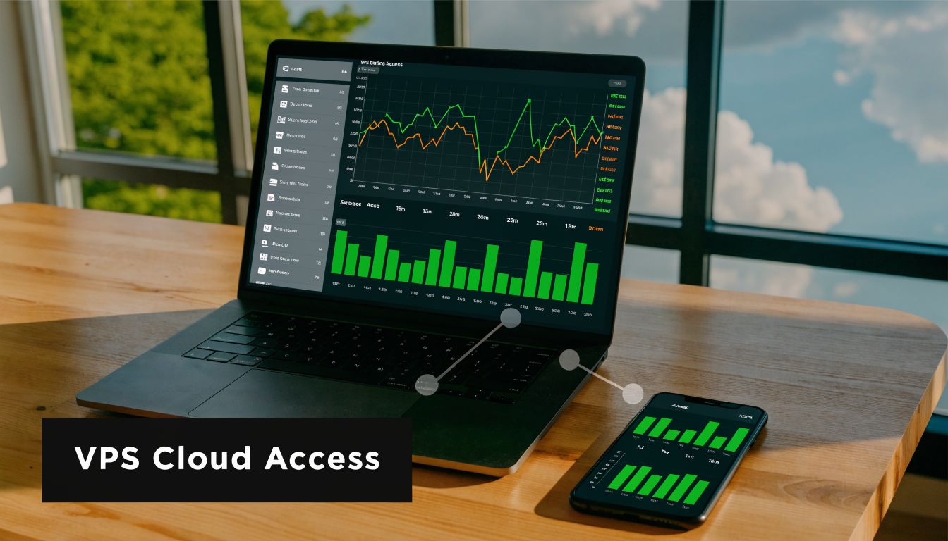 A laptop and smartphone displaying trading charts and data analytics for VPS cloud access monitoring.