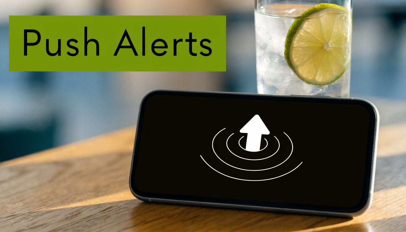 A smartphone on a wooden table displaying a white arrow icon with radio waves on the screen.
