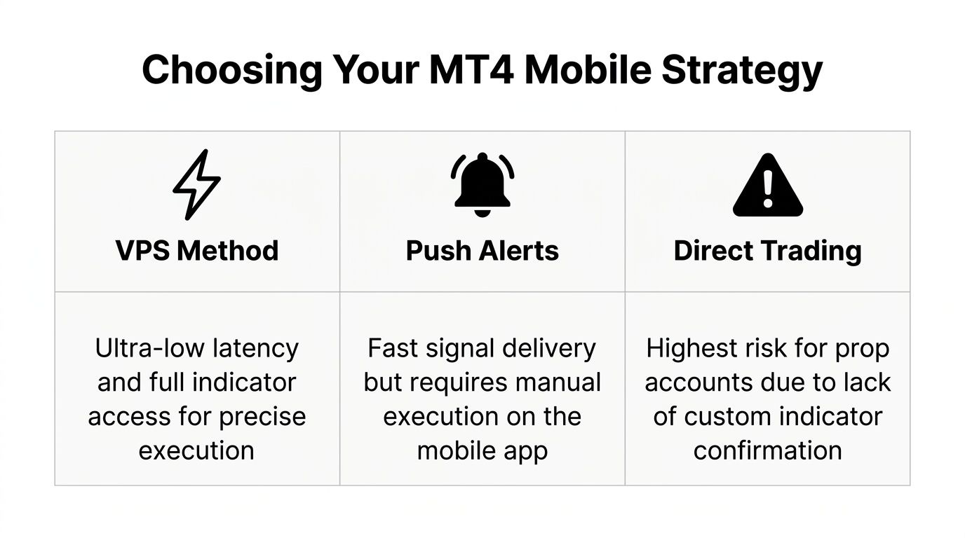 A comparison chart outlining three strategies for using MT4 on mobile devices: VPS method, push alerts, and direct trading.