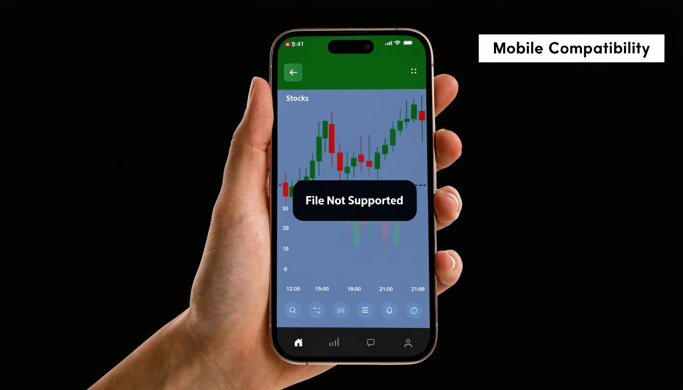 A hand holding a smartphone displaying an error message that a file is not supported on a trading app.