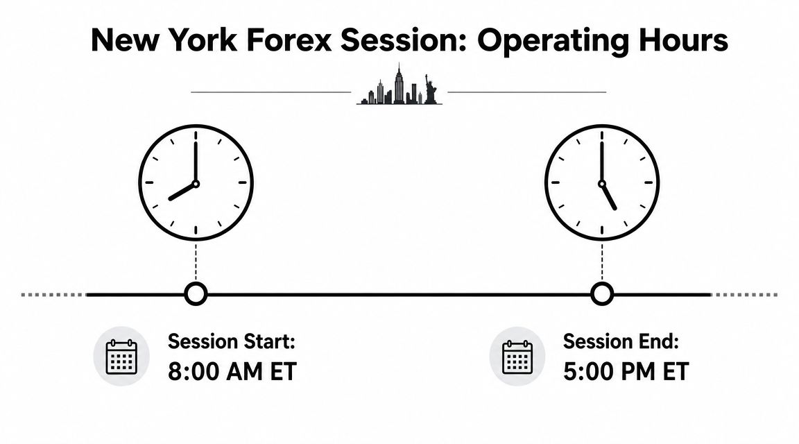A graphic showing the New York Forex trading session operating hours from 8:00 AM to 5:00 PM ET.