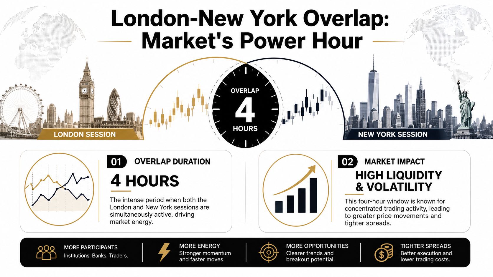 An infographic showing the four-hour market overlap period between London and New York forex trading sessions.