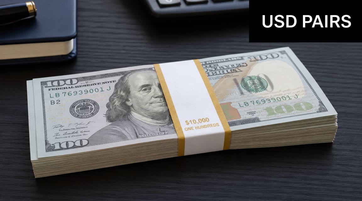 A stack of one hundred dollar bills wrapped with a ten thousand dollar currency strap on a desk.