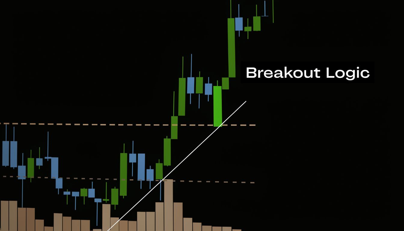 A candlestick stock market chart illustrating an opening range breakout with a white trend line.