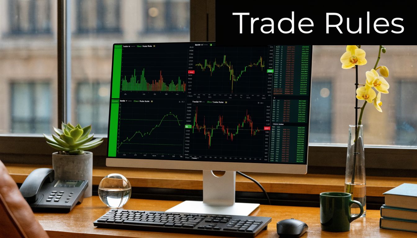 A modern office desk featuring a computer monitor displaying stock market trading charts and technical analysis data.
