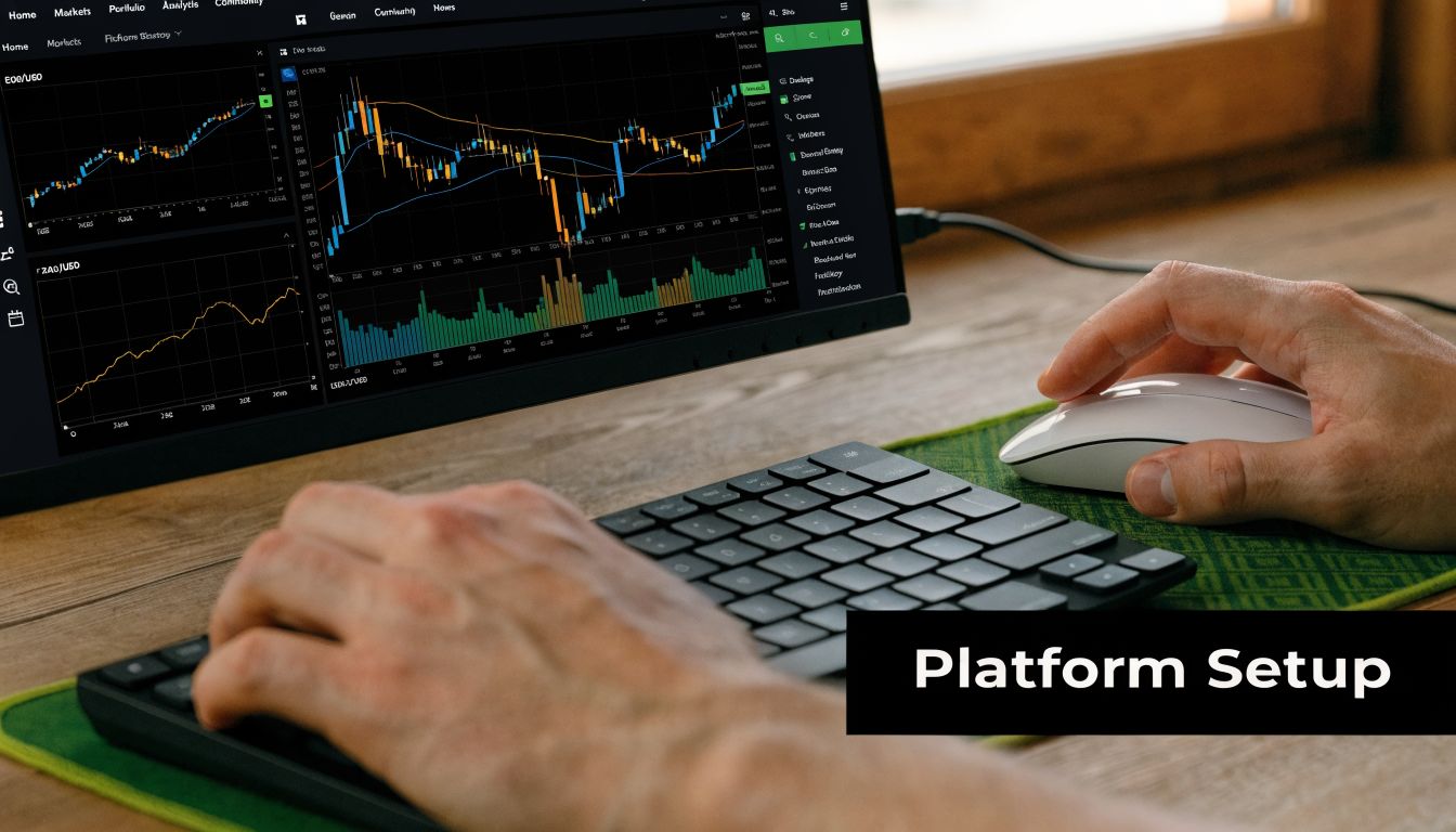 A person using a computer keyboard and mouse to analyze financial trading charts on a monitor screen.
