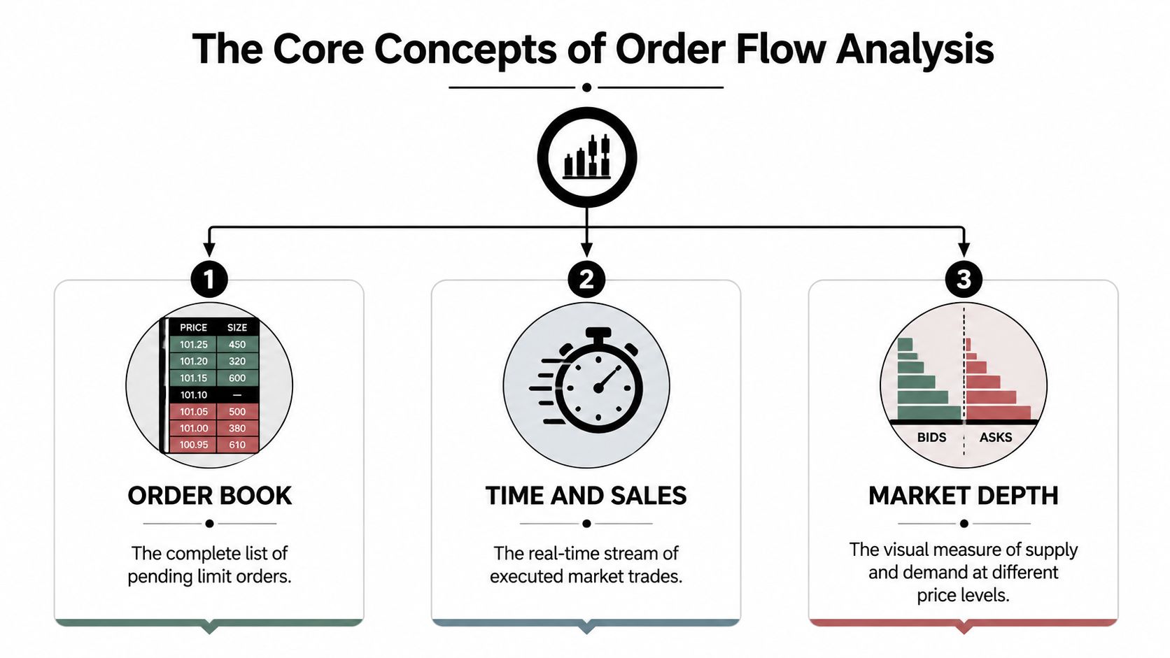 A diagram explaining the three core concepts of order flow analysis: order book, time and sales, market depth.