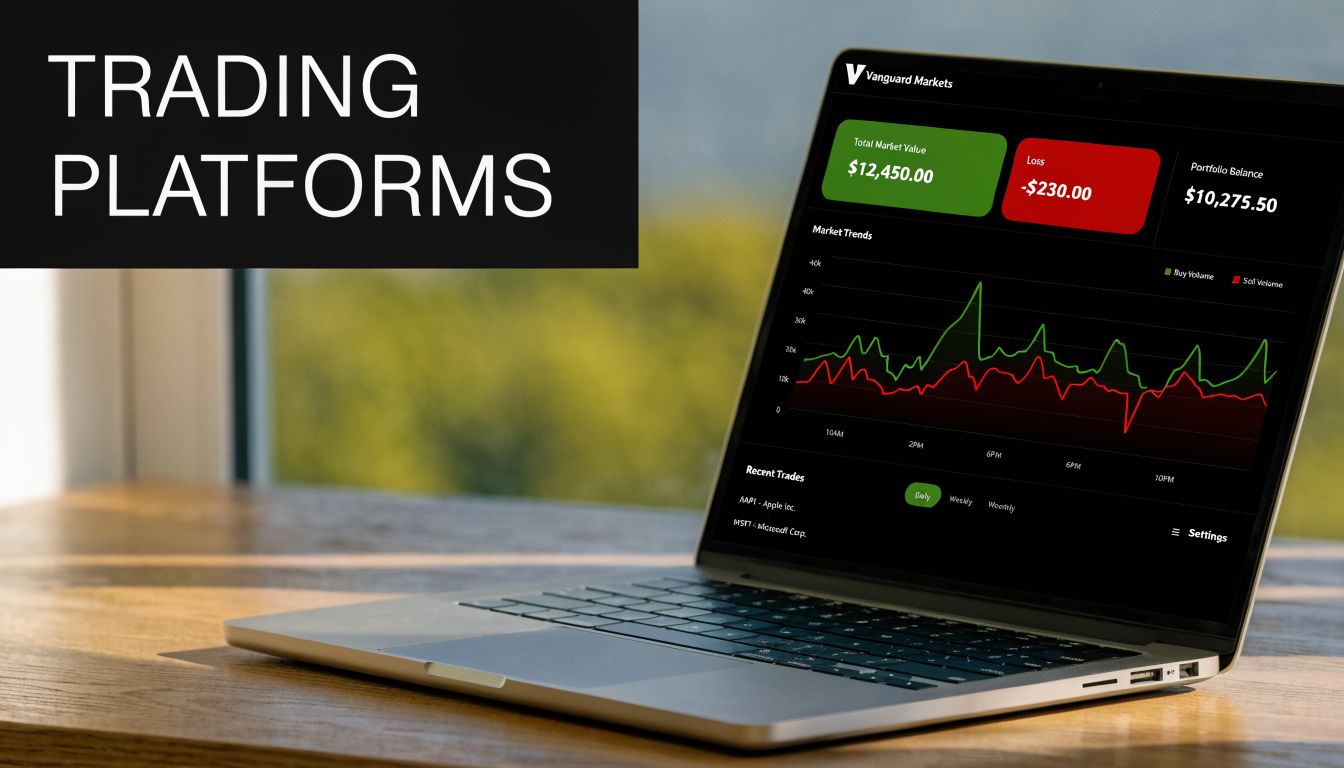 A laptop on a wooden desk displaying a trading platform dashboard with market trend charts.