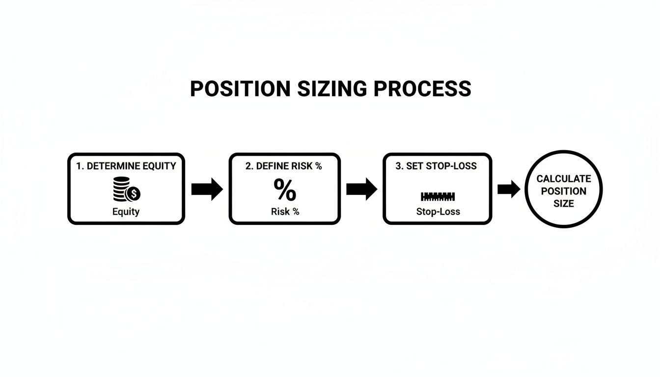 A flowchart illustrating the position sizing process with steps for determining equity, defining risk, setting stop-loss, and calculating position size.