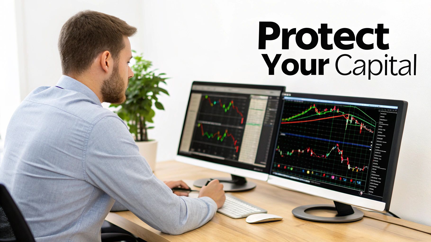 A man monitors financial charts on dual screens, engaging in stock market analysis.