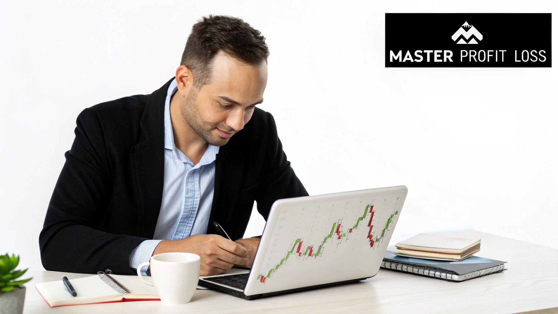 A man in a suit analyzes a stock chart on his laptop, taking notes at a desk.