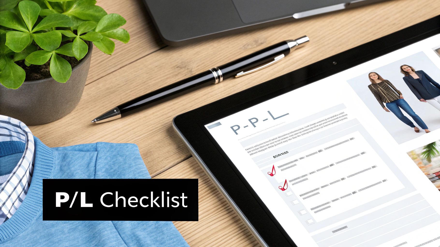 Overhead view of a workspace with a tablet displaying a P/L checklist, a pen, plant, and blue shirt.
