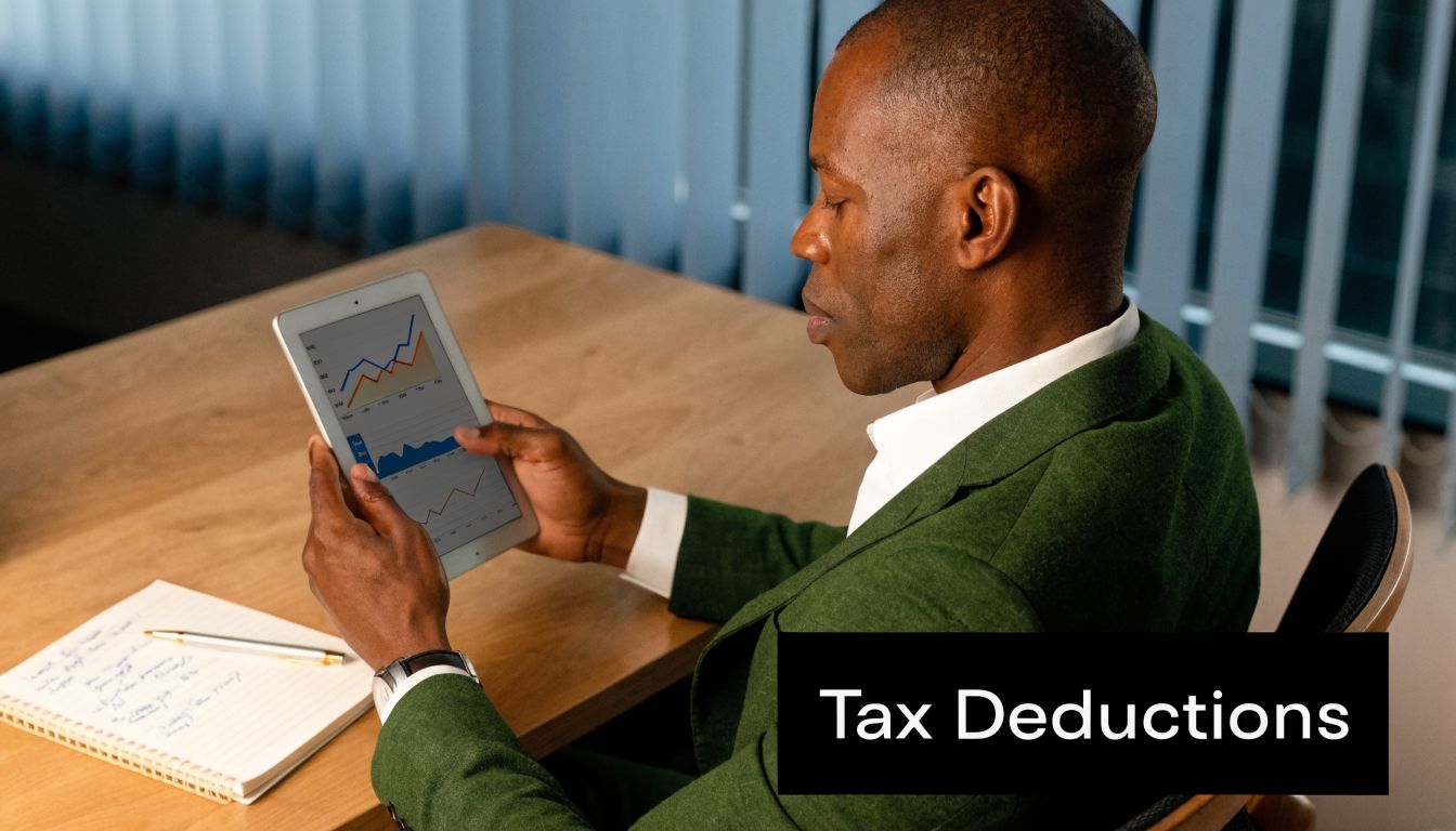 A professional man in a green blazer reviewing financial charts on a tablet at his desk.
