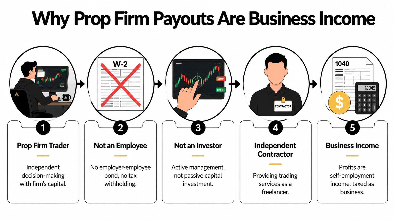 A diagram explaining why proprietary trading firm payouts are classified as business income rather than traditional employment.