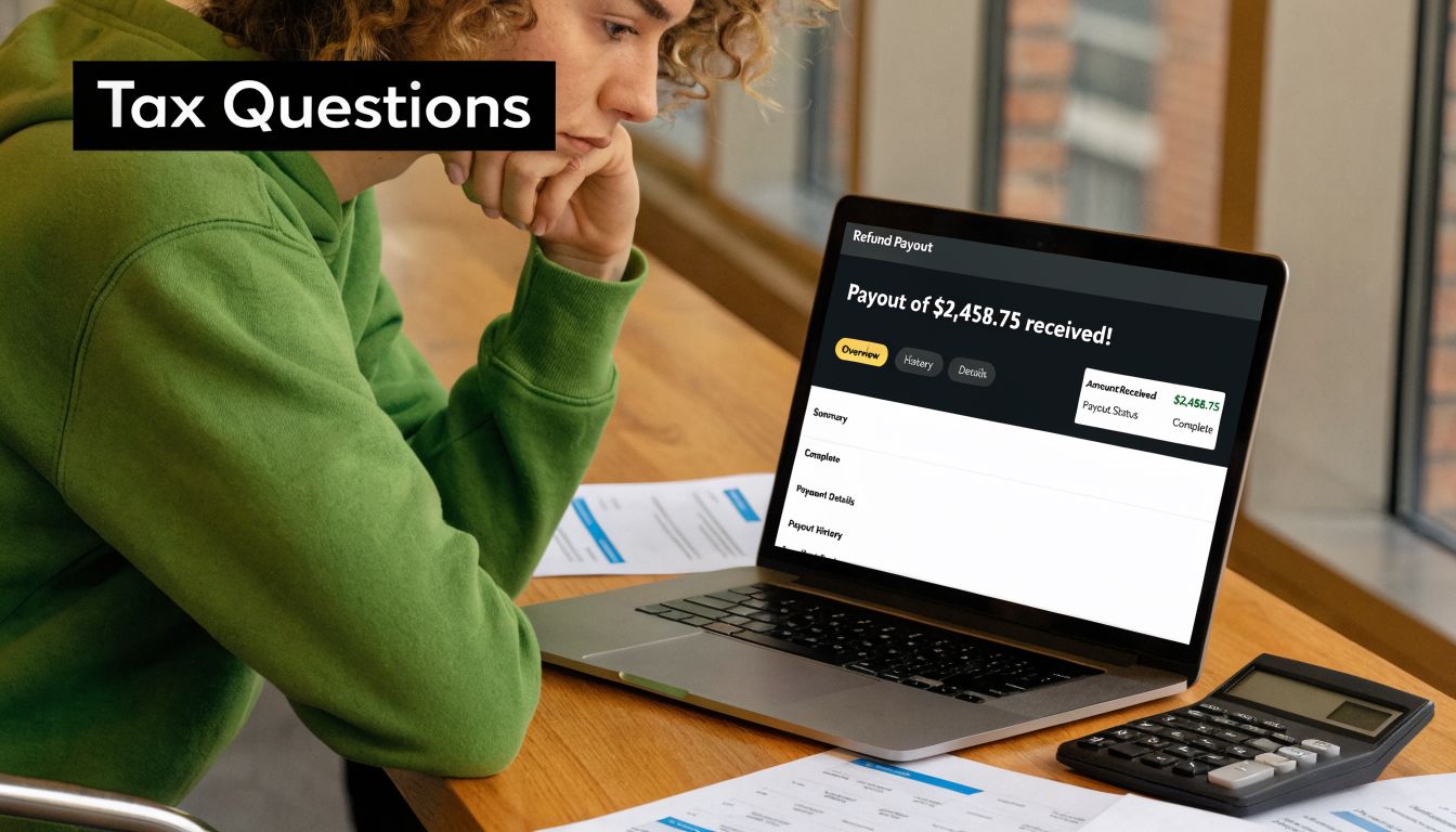 A person looking thoughtful while reviewing a $2,458.75 tax refund payout notification on a laptop screen.