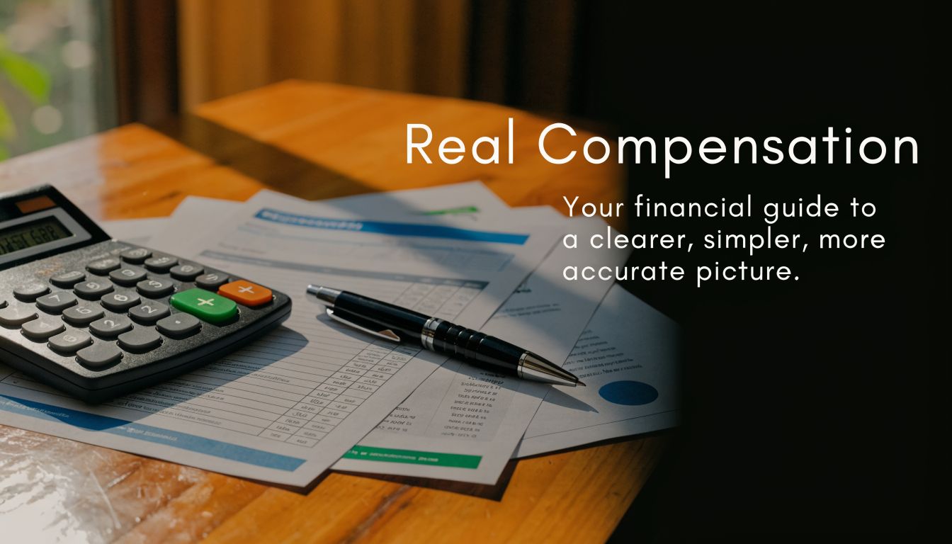 A calculator and pen resting on financial documents, promoting a guide for clearer compensation understanding.