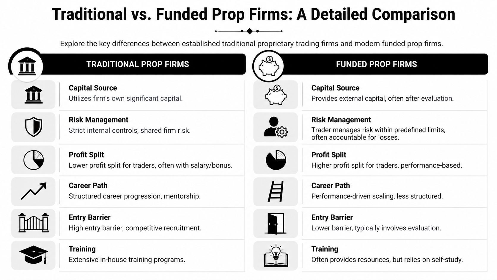 A comparison chart outlining key differences between traditional proprietary trading firms and modern funded prop firms.