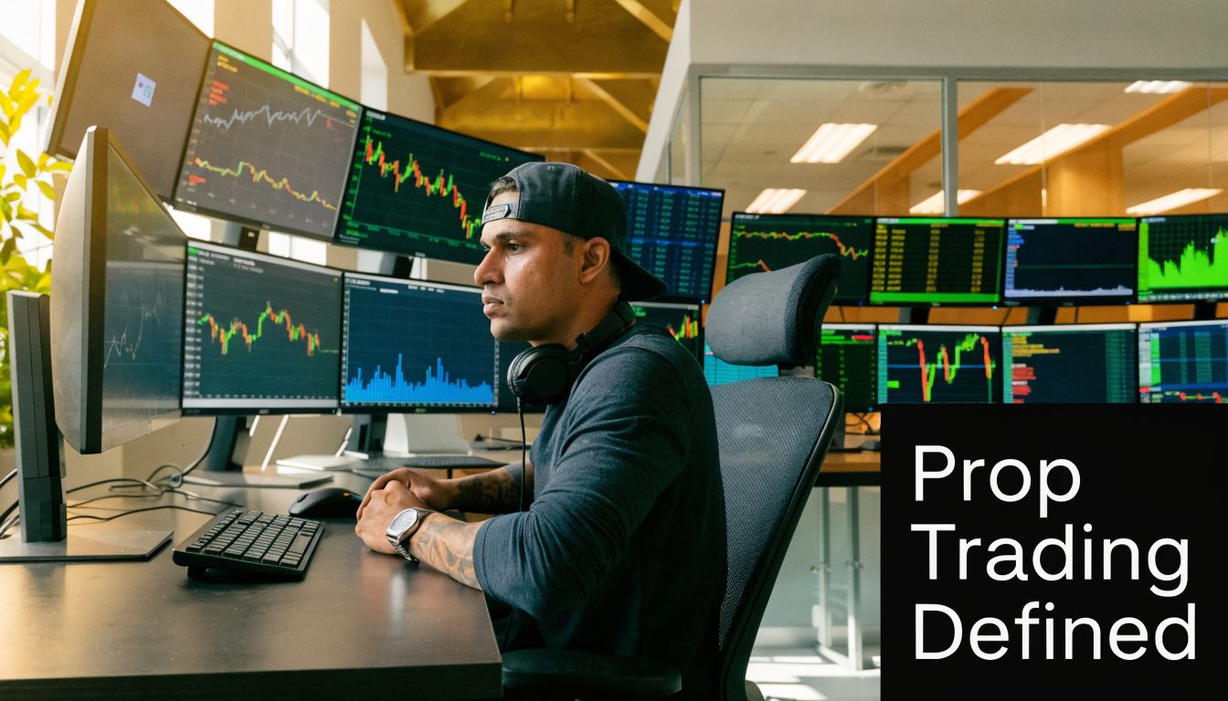 A professional trader sitting at a desk with multiple computer screens displaying complex stock market charts.