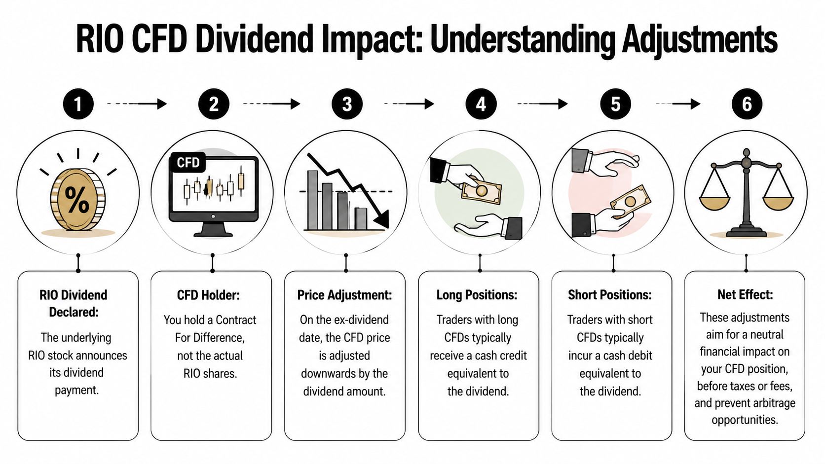 An infographic explaining the impact of dividends on RIO CFD positions through a six-step adjustment process.