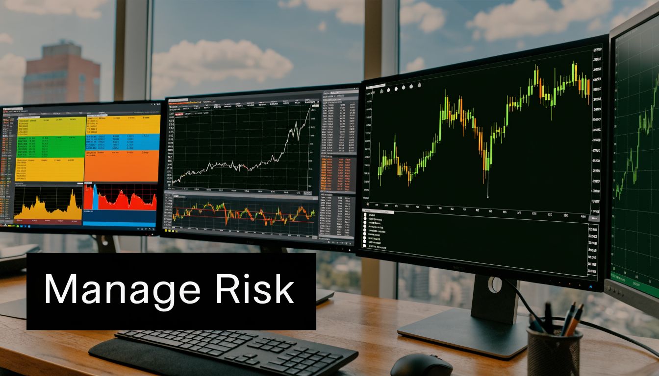A professional financial workspace featuring multiple monitors displaying complex stock market charts and data analysis.