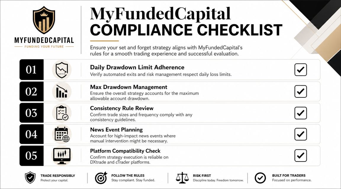 A MyFundedCapital compliance checklist infographic detailing five essential rules for maintaining a successful funded trading account.