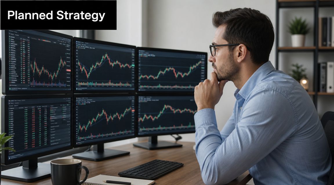 A professional trader sitting at a desk with multiple monitors displaying complex stock market financial charts.