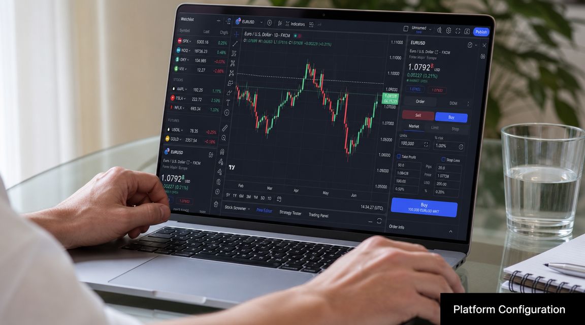 A person trading on a laptop displaying a financial chart analysis of the Euro to US Dollar currency pair.