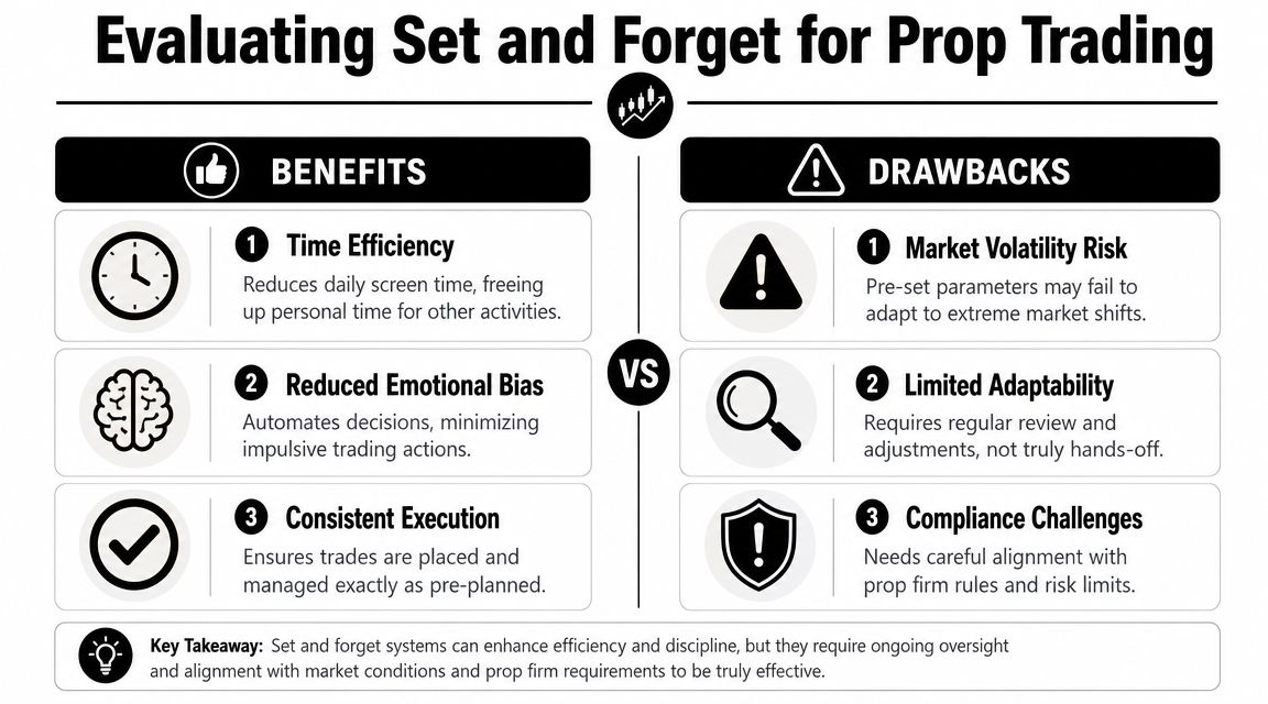 An infographic comparing the benefits and drawbacks of using a set and forget strategy for prop trading.