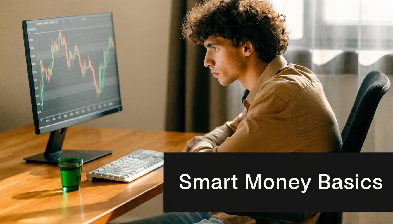 A young man with curly hair intently analyzing financial trading charts on a computer monitor while working.
