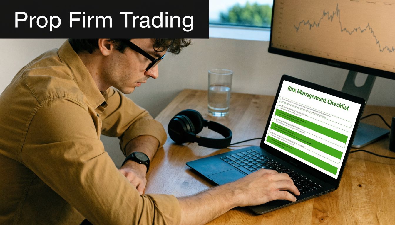 A focused man analyzing a risk management trading checklist on his laptop in a bright office.