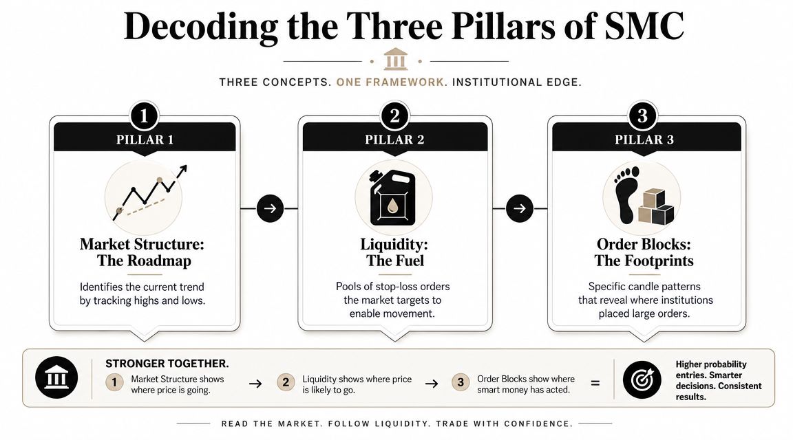 An educational infographic explaining the three pillars of Smart Money Concepts: market structure, liquidity, and order blocks.