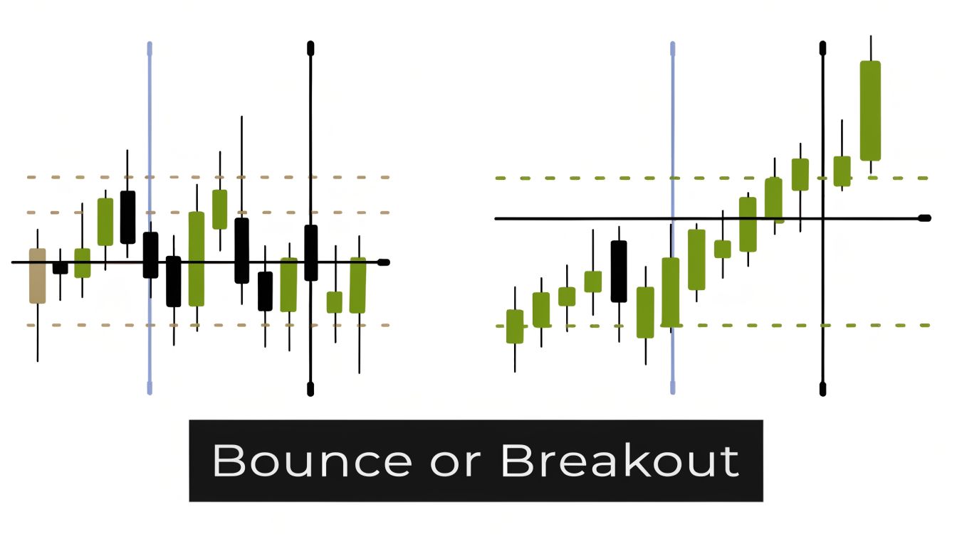 A candlestick chart illustration comparing price action movement near support and resistance levels for trading analysis.