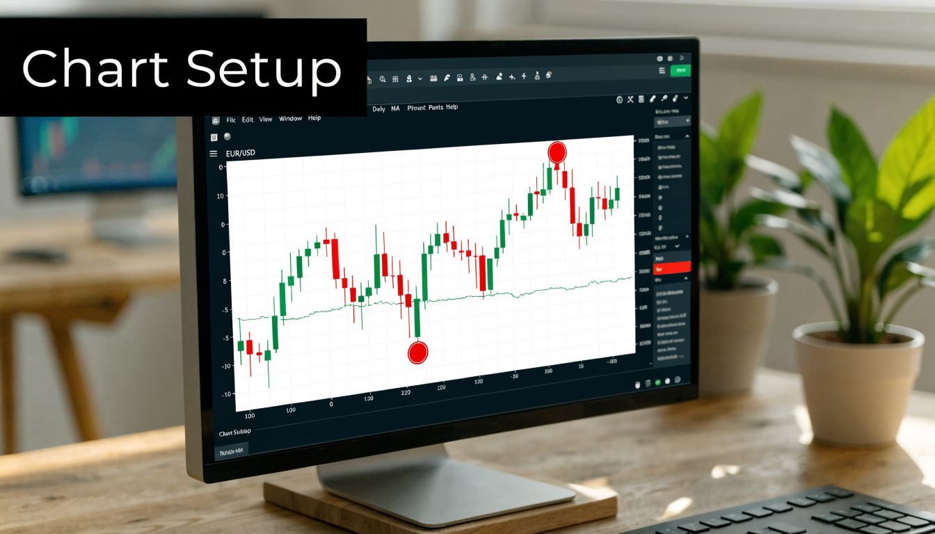 A computer monitor displaying a financial candlestick chart for EUR/USD with red circle indicators on key levels.