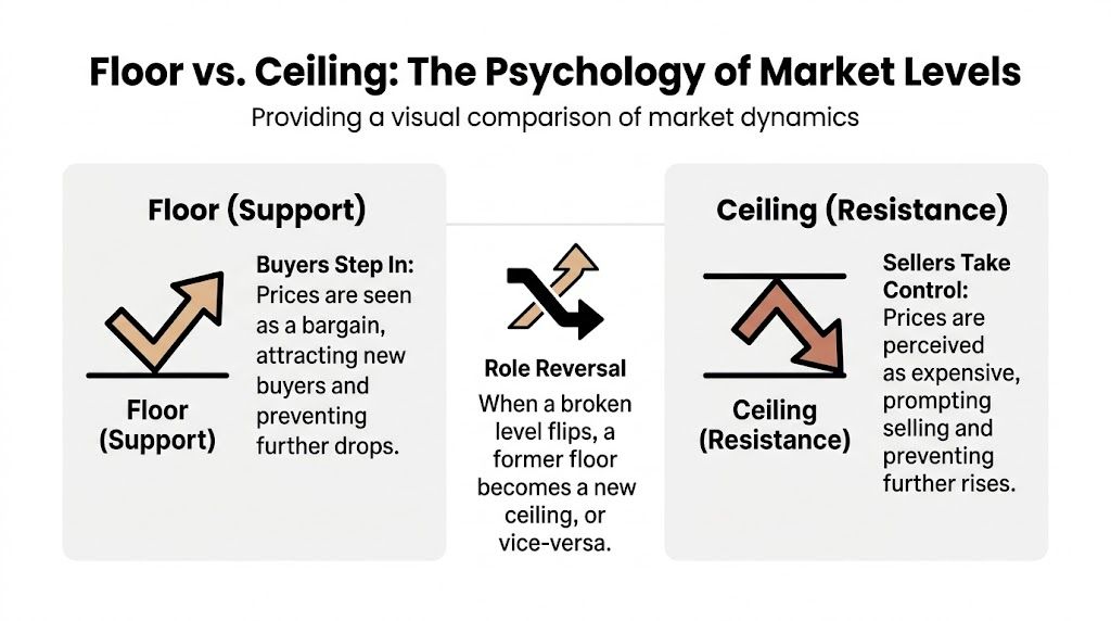 A diagram illustrating the psychology of support and resistance levels in stock market technical analysis.
