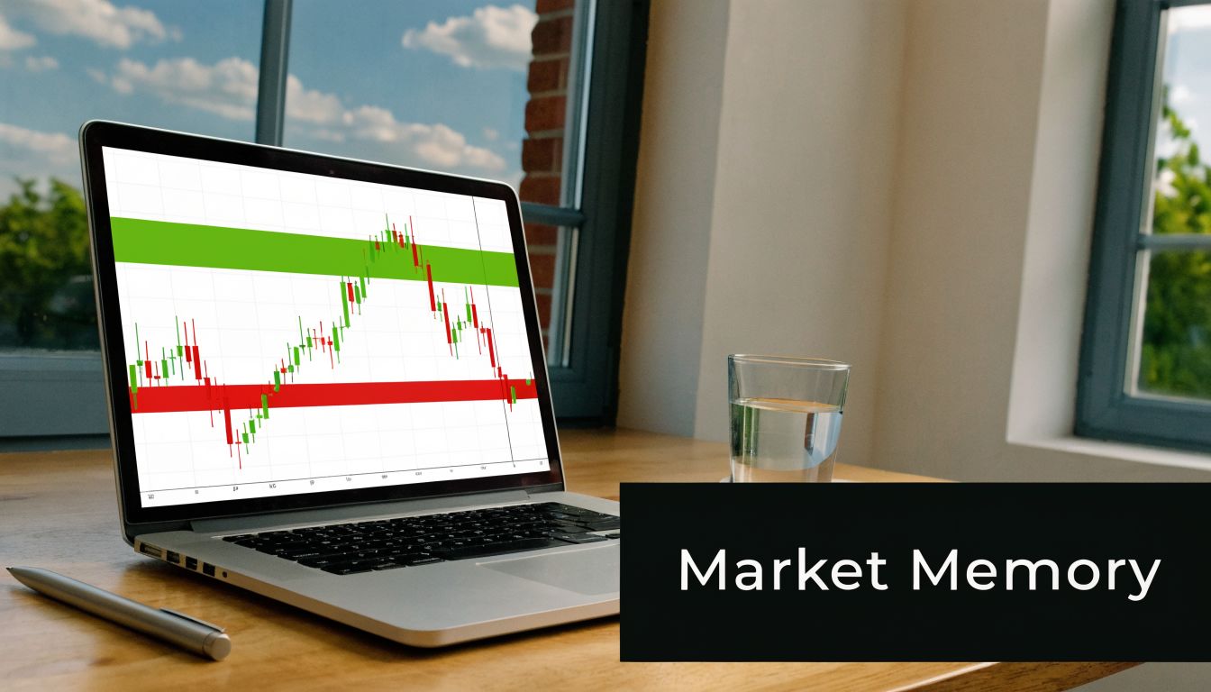 A laptop screen displaying a stock market chart with support and resistance zones on a wooden desk.
