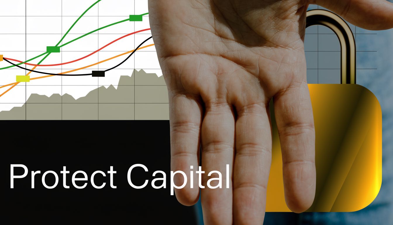 A hand held in front of a financial graph and a golden padlock, representing capital protection.