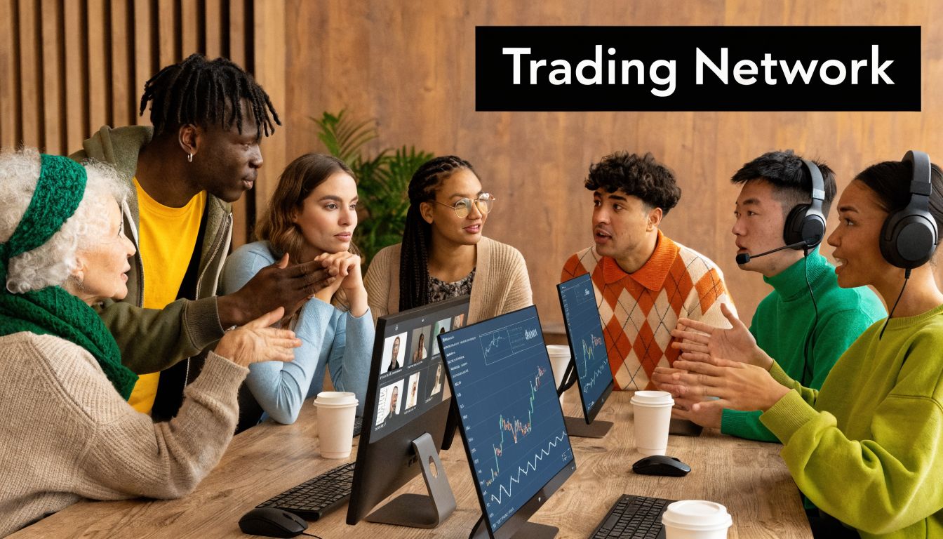 A diverse group of traders sitting around a table collaborating and reviewing stock market charts together.