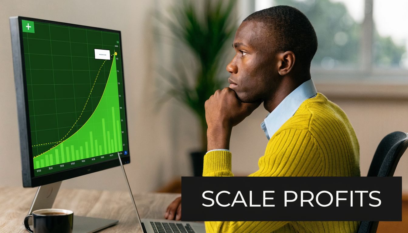 A young man looking at a growing financial trend chart on a computer screen in an office.