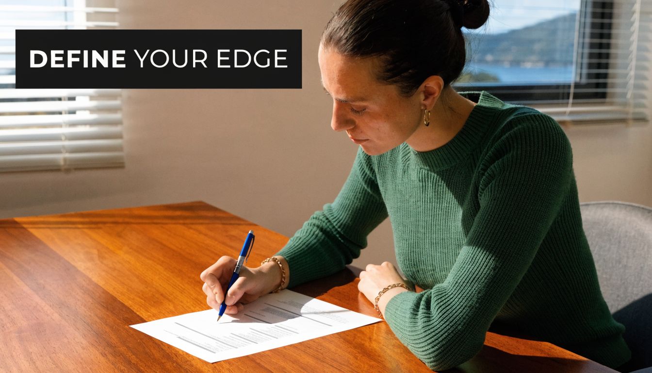 A young woman writing on a document while sitting at a wooden desk near a window.